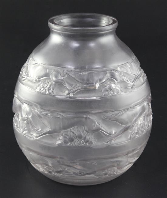 A Rene Lalique Soudan clear and frosted glass ovoid vase, height 17.5cm
